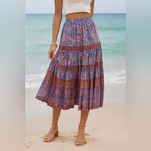Arnhem Floral Boho Midi Skirt – Feminine Blue Purple Print, Size 8